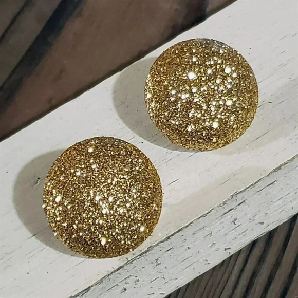 Gold Fabric Button Earrings Retro 80s Club Glam Disco Sparkly - Picture 2 of 9